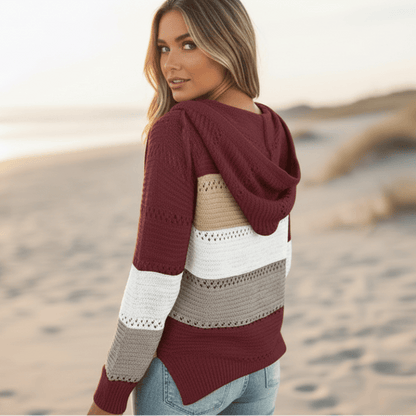 Women's Boho Striped Hooded Knit Sweater – Oversized Color Block Pullover