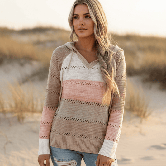 Women's Boho Striped Hooded Knit Sweater – Oversized Color Block Pullover