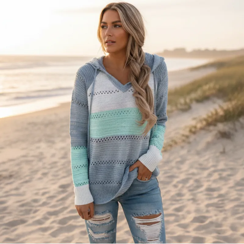Women's Boho Striped Hooded Knit Sweater – Oversized Color Block Pullover