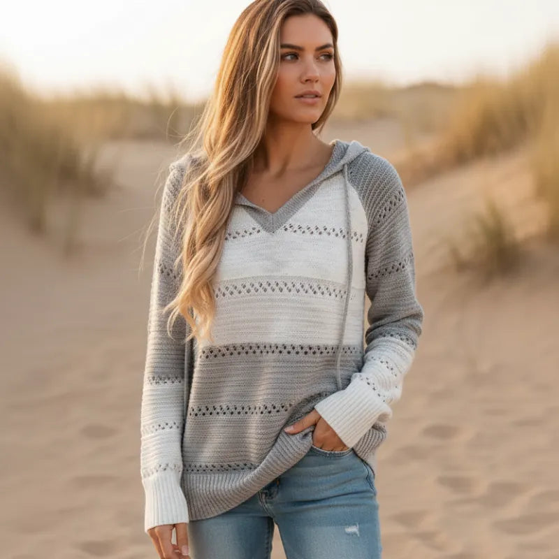Women's Boho Striped Hooded Knit Sweater – Oversized Color Block Pullover