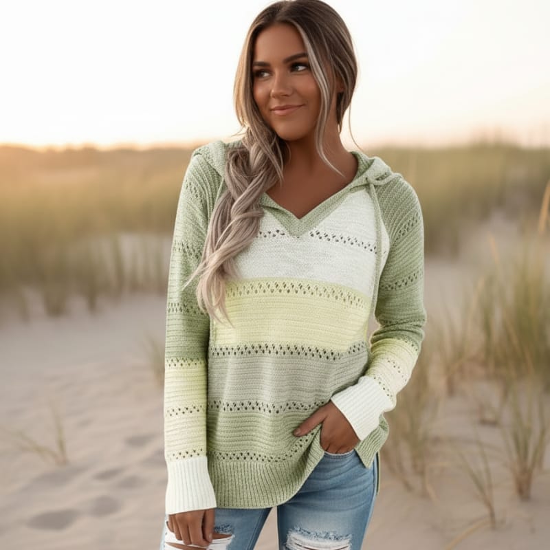 Women's Boho Striped Hooded Knit Sweater – Oversized Color Block Pullover