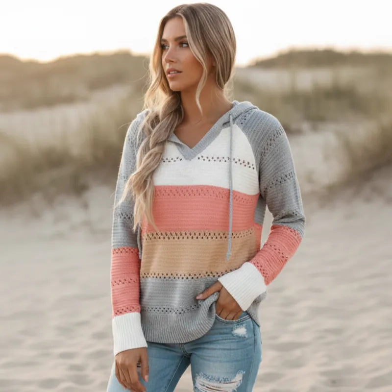 Women's Boho Striped Hooded Knit Sweater – Oversized Color Block Pullover