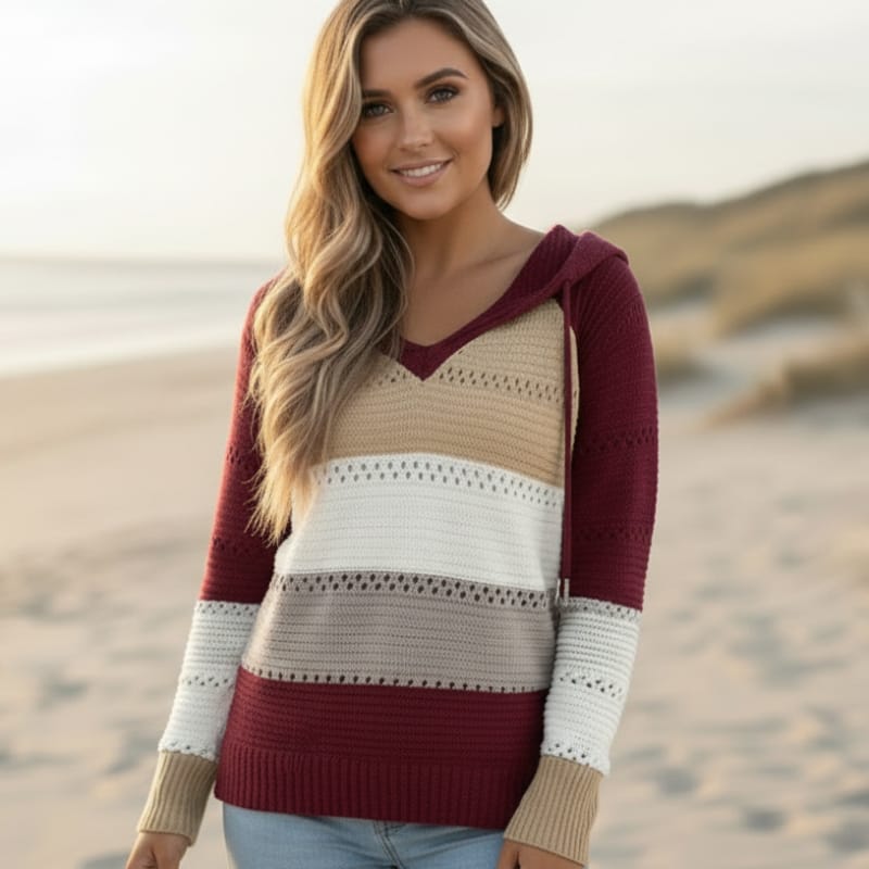 Women's Boho Striped Hooded Knit Sweater – Oversized Color Block Pullover