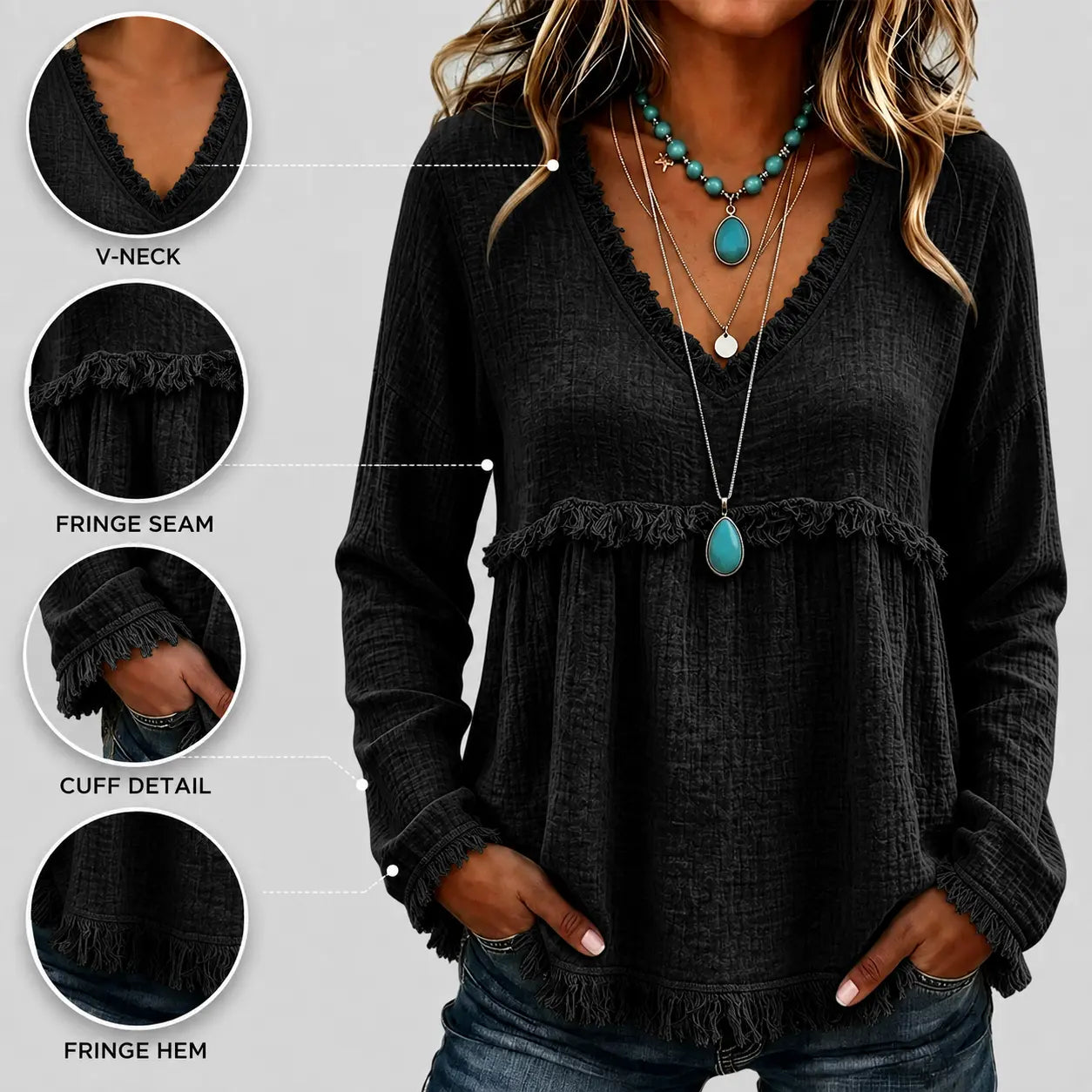 Women’s Boho V Neck Long Sleeve Fringe Top Plus Size S-3XL