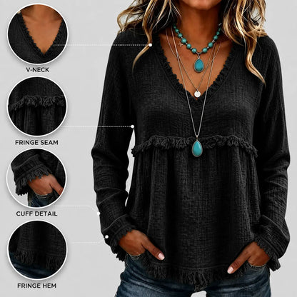 Women’s Boho V Neck Long Sleeve Fringe Top Plus Size S-3XL