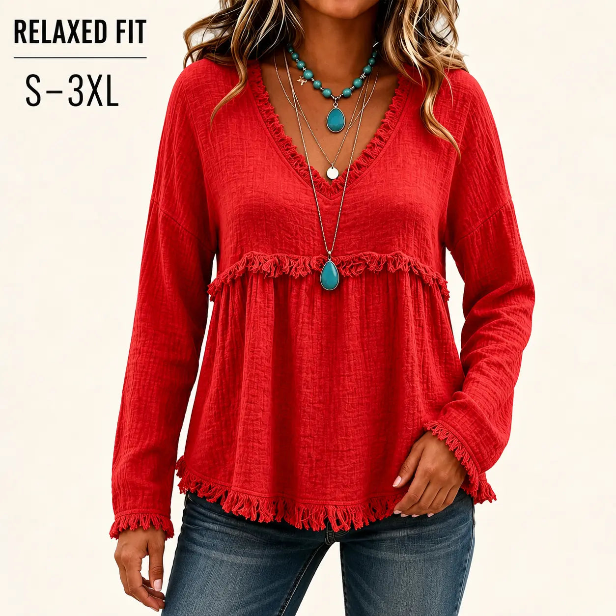 Women’s Boho V Neck Long Sleeve Fringe Top Plus Size S-3XL