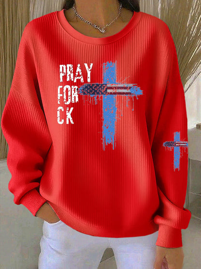 Women's Pray for Charlie  Print Knit Crew Neck Long Sleeve Top