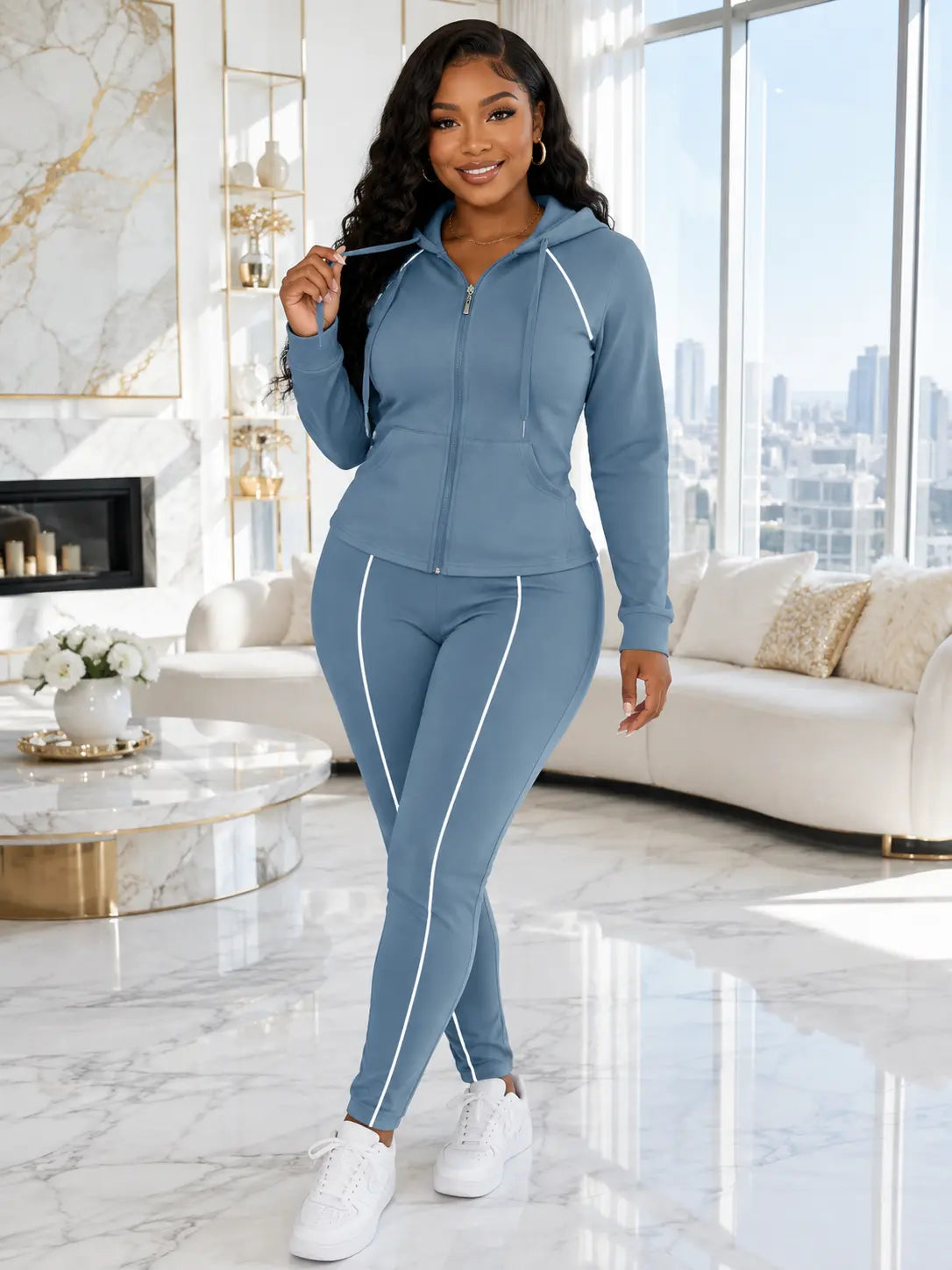 2026 Autumn/Winter Women's Casual Striped Hooded Jacket and Pants Set