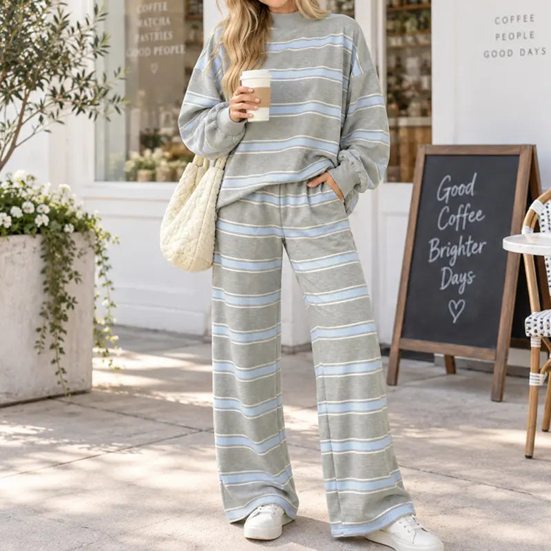 Women's Striped 2 Piece Set – Oversized Mock Neck Top & Wide Leg Pants