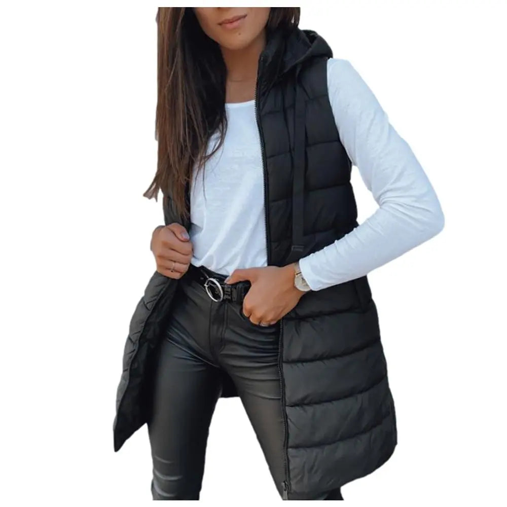 Women Long Puffer Vest Solid Color Sleeveless Hooded Winter Outwear