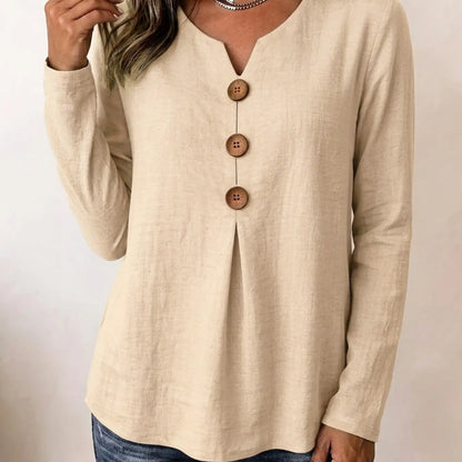 Women's Vintage Big Button V-Neck Long Sleeve Blouse – Casual Solid Color Top