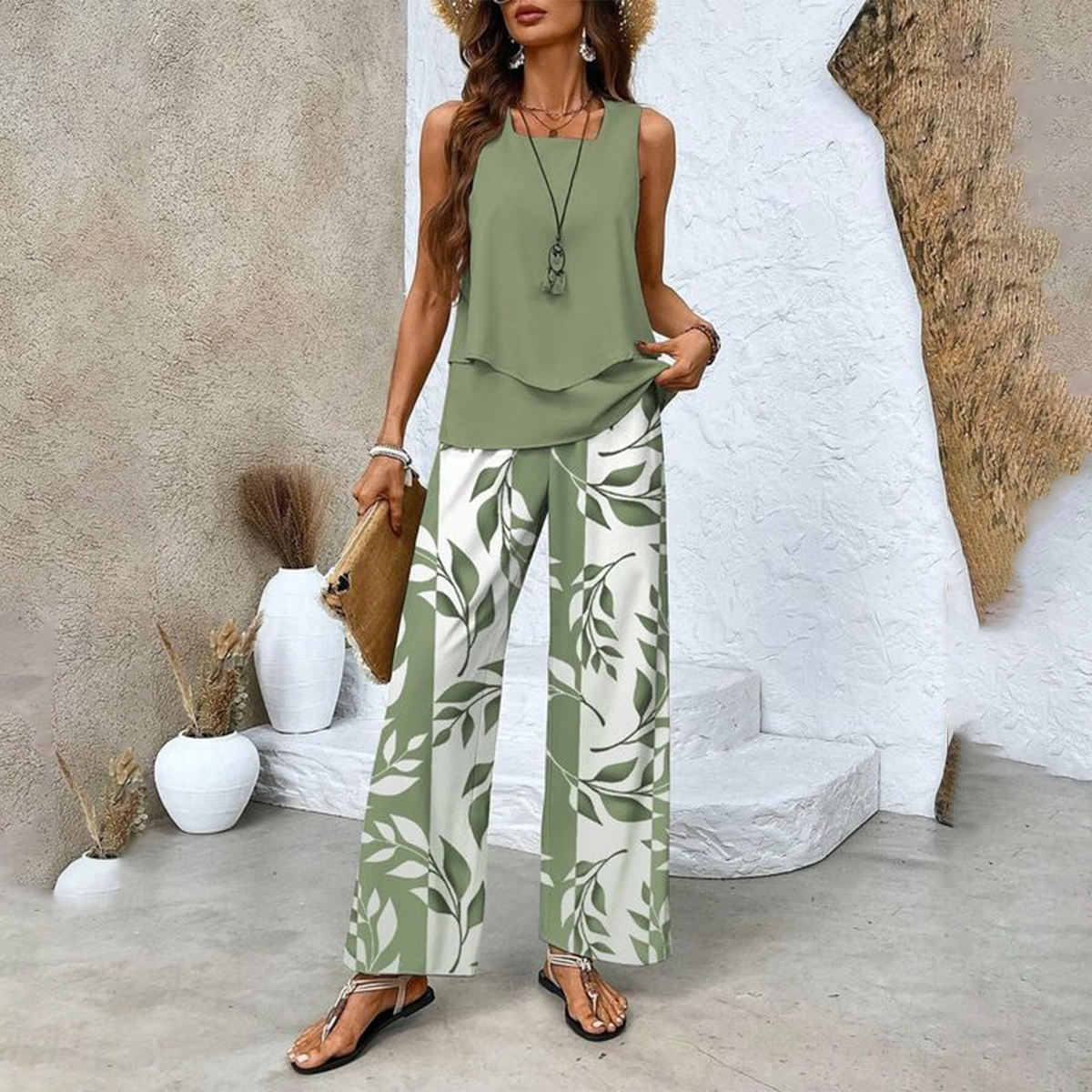 🔥50% OFF🌺Fashionable Two-Piece Women's Outfits with Printed Sleeveless Top & Pants
