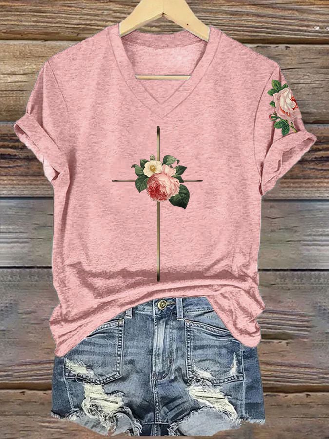 Women's Vintage Floral Metal Cross Print Short Sleeve T-Shirt
