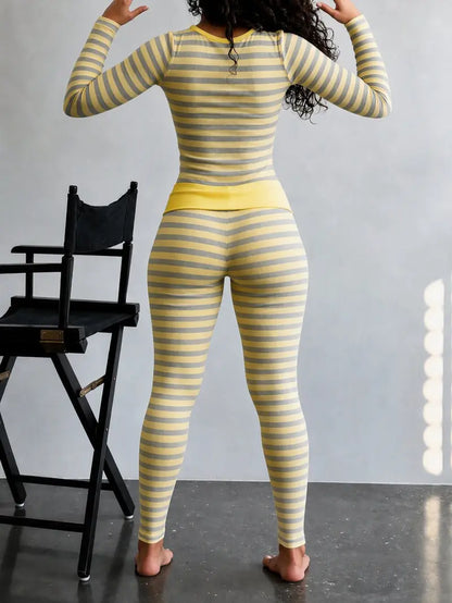 Women's Striped Pajama Set – Slim-Fit Long Sleeve Top & Fold-Over Waist Pants Loungewear