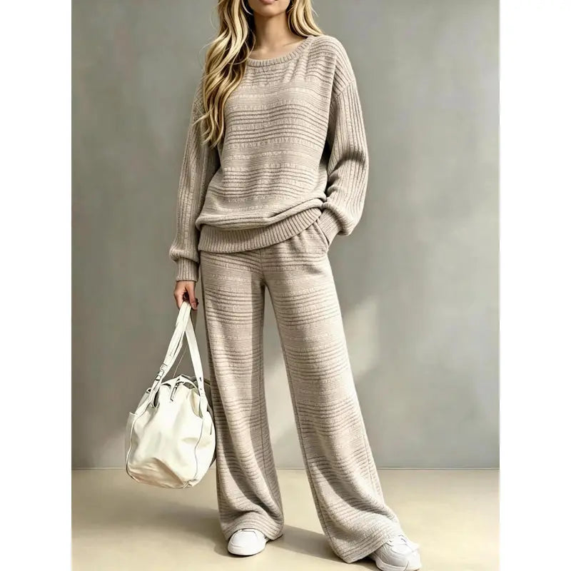 Women's Knit Two Piece Set – Oversized Sweater Top & Wide Leg Pants Lounge Outfit