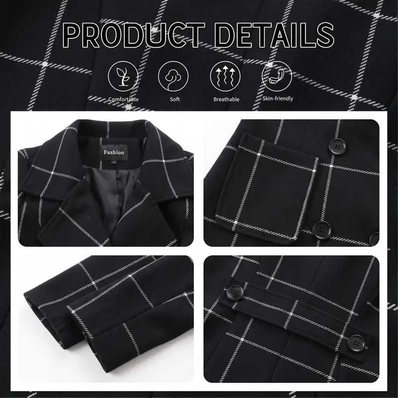 Women's Plaid Wool Blend Trench Coat – Windproof Notch Lapel Mid-Length Overcoat