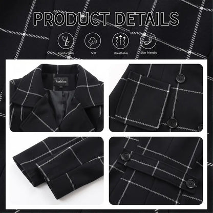 Women's Plaid Wool Blend Trench Coat – Windproof Notch Lapel Mid-Length Overcoat