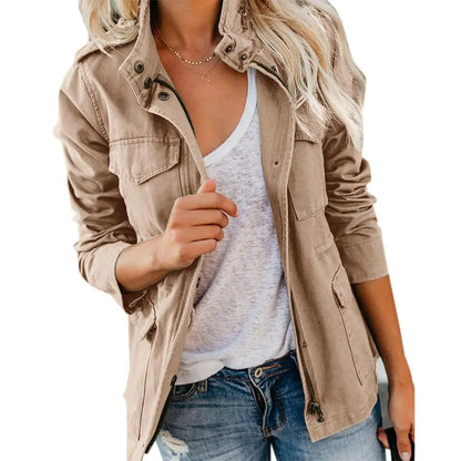 Women's Cotton Military Jacket, Lightweight Utility Field Coat with Four Flap Pockets, Hidden Zip and Adjustable Waist Drawstring, XS-XXL