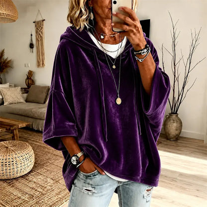 Women’s Minimalist Velour Hoodie, Loose Fit 3/4 Sleeves Hood