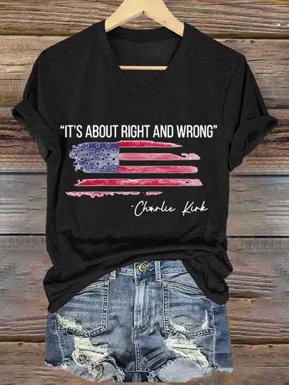 Women's IT'S ABOUT RIGHT AND WRONG Print V-Neck T-Shirt