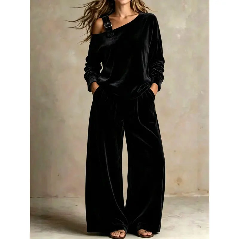 Women's Velvet One-Shoulder Top & Pants Two-Piece Set – Casual Fall Winter Lounge Outfit