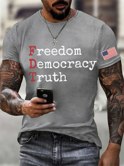Men's Freedom Democracy Truth Print Round Neck T-Shirt