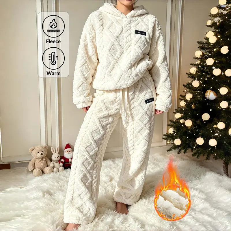 Women's Cable Knit Sherpa Fleece Hoodie & Joggers, Plus-Size 2-Piece Lounge Set