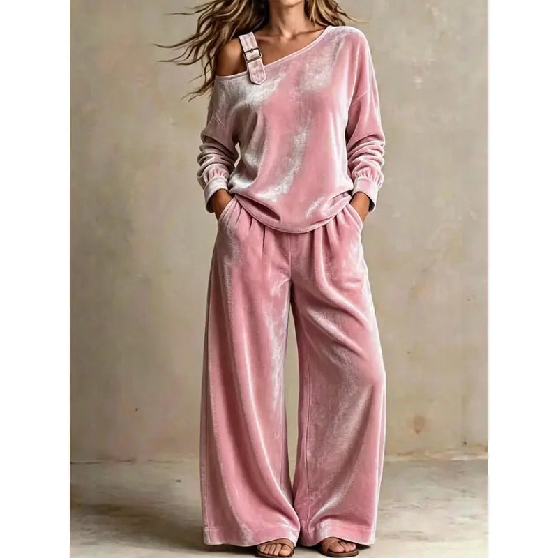 Women's Velvet One-Shoulder Top & Pants Two-Piece Set – Casual Fall Winter Lounge Outfit
