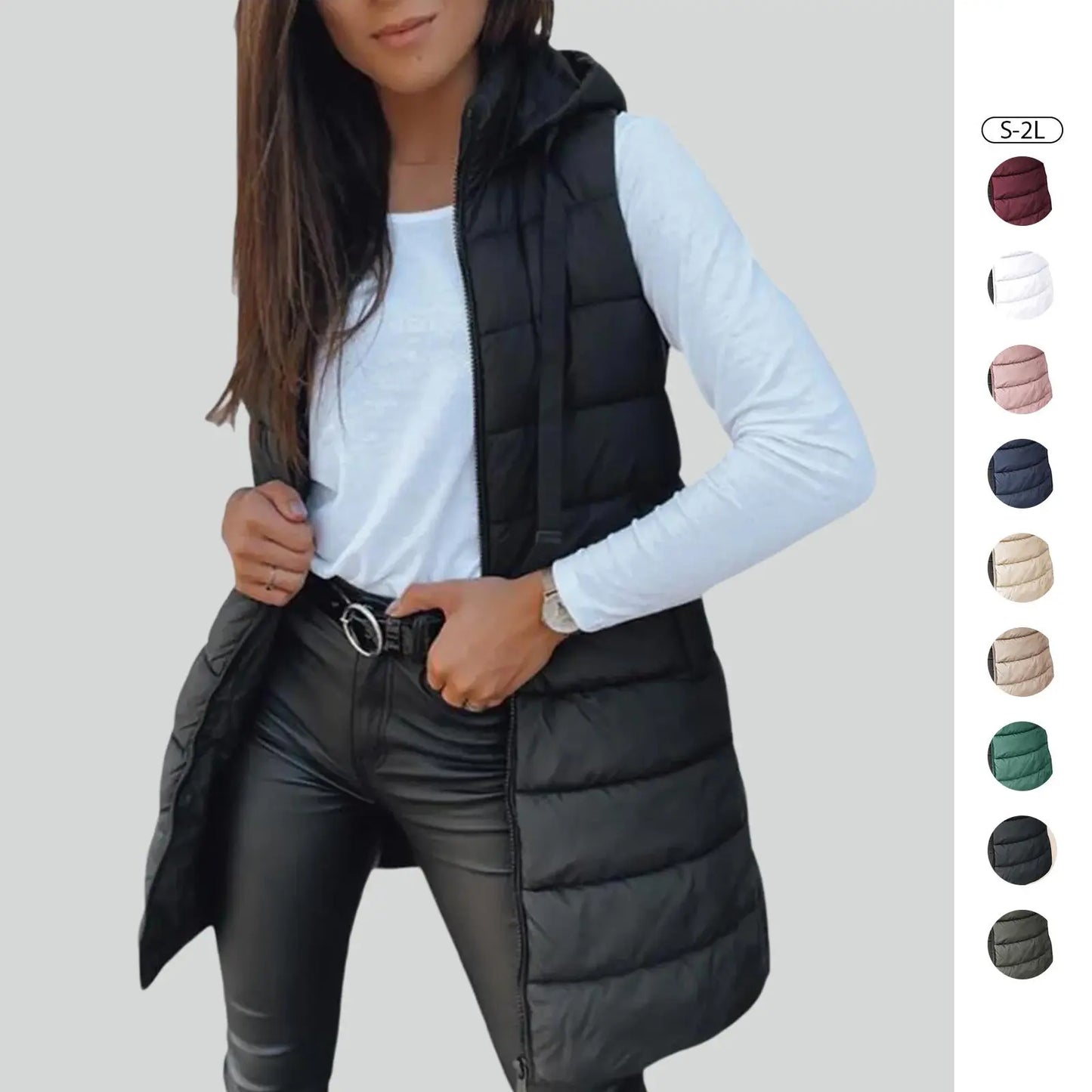 Women Long Puffer Vest Solid Color Sleeveless Hooded Winter Outwear