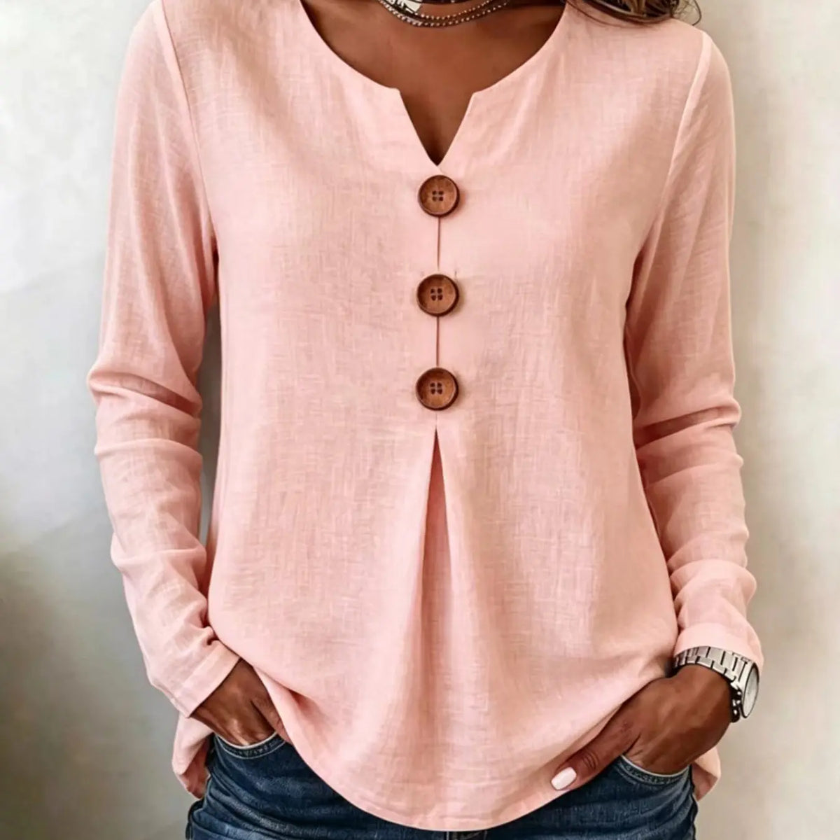 Women's Vintage Big Button V-Neck Long Sleeve Blouse – Casual Solid Color Top