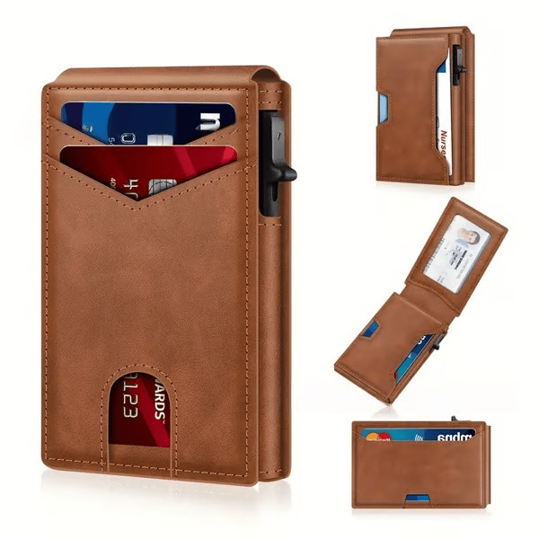 💼🔒Premium Aluminum RFID Blocking Minimalist Wallet for Men - Pop-Up Card Access, ID Window