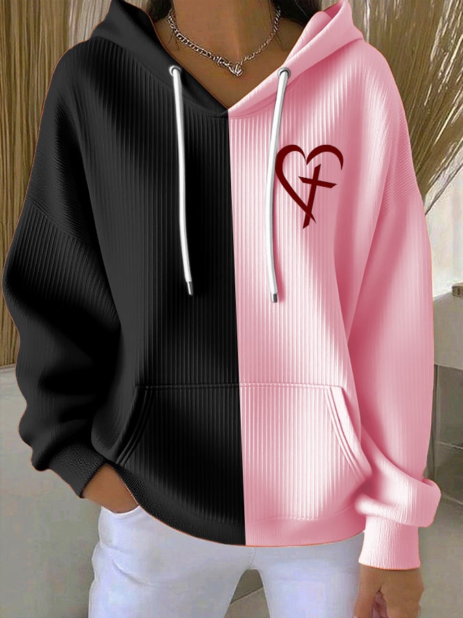 Women's Casual Retro Faith Contrast Color Textured Hoodie