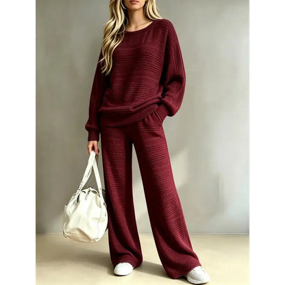 Women's Knit Two Piece Set – Oversized Sweater Top & Wide Leg Pants Lounge Outfit