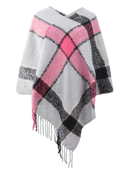Women's Fall Winter Lazy Stylish Plaid Tassel Faux Cashmere Shawl