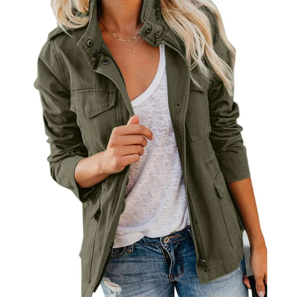Women's Cotton Military Jacket, Lightweight Utility Field Coat with Four Flap Pockets, Hidden Zip and Adjustable Waist Drawstring, XS-XXL