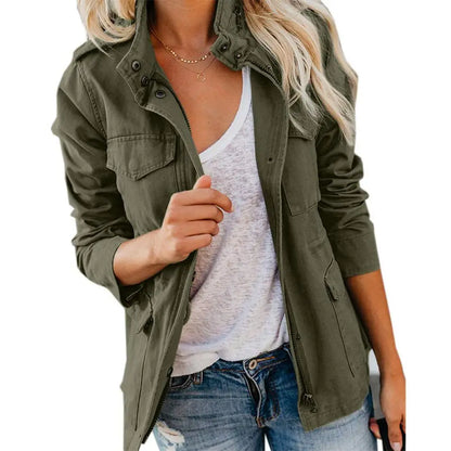 Women's Cotton Military Jacket, Lightweight Utility Field Coat with Four Flap Pockets, Hidden Zip and Adjustable Waist Drawstring, XS-XXL
