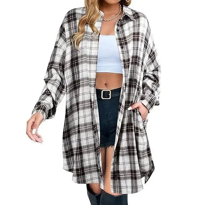 Women's Plaid Flannel Shacket — Button-Down Collared Long Jacket