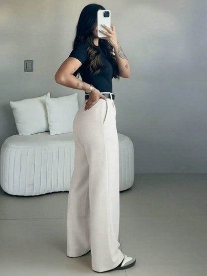 Women’s High-Waisted Suit Pants with Flowy Straight Leg