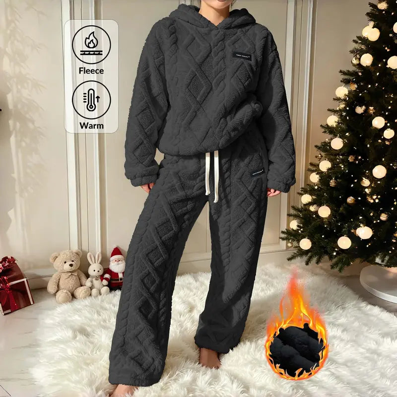 Women's Cable Knit Sherpa Fleece Hoodie & Joggers, Plus-Size 2-Piece Lounge Set
