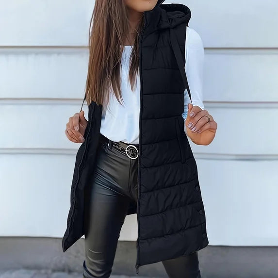 Women Long Puffer Vest Solid Color Sleeveless Hooded Winter Outwear