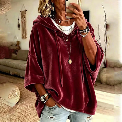 Women’s Minimalist Velour Hoodie, Loose Fit 3/4 Sleeves Hood