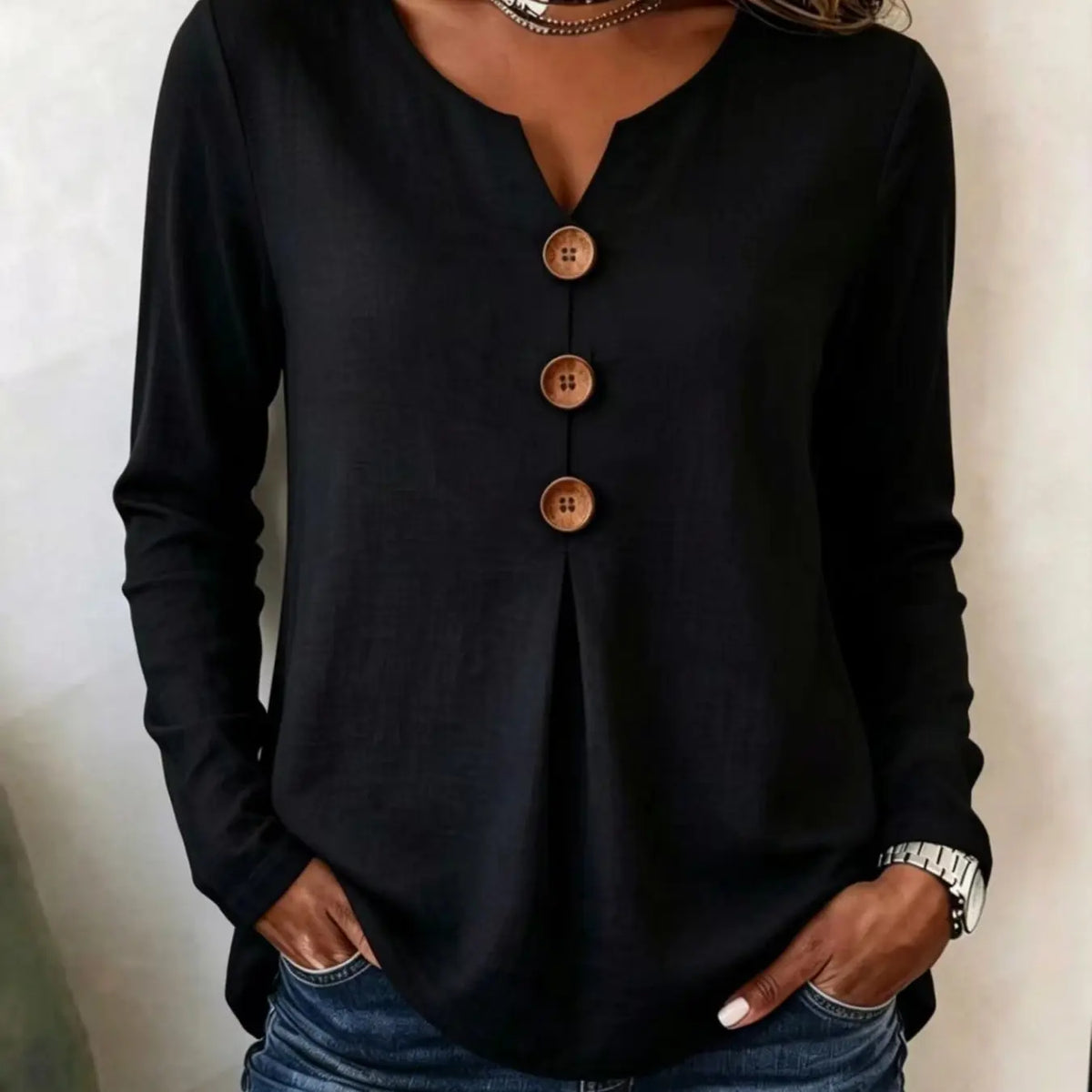 Women's Vintage Big Button V-Neck Long Sleeve Blouse – Casual Solid Color Top