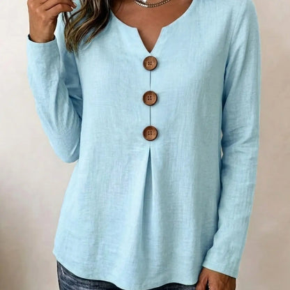 Women's Vintage Big Button V-Neck Long Sleeve Blouse – Casual Solid Color Top