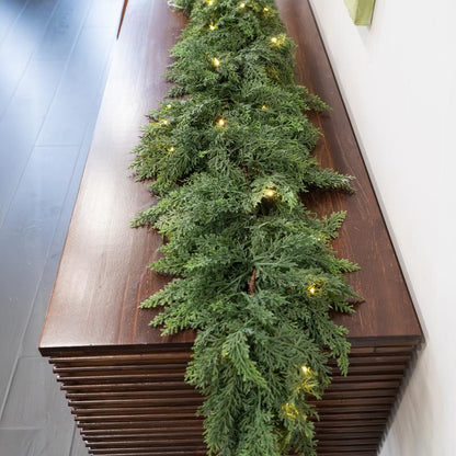 2PCS 6FT Pre-lit Christmas Cedar Garland with  LED Lights Realistic Faux Greenery for Fireplace Table Mantle Wall Indoor Outdoor Winter Holiday Decorations Ornaments