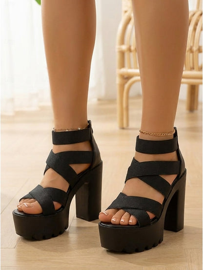 Black Chunky Heel Sandals With Strappy Design