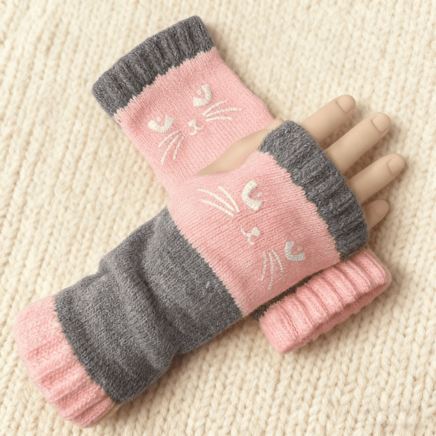 Women’s Knitted Fingerless Gloves with Cute Cat
