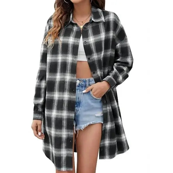 Women's Plaid Flannel Shacket — Button-Down Collared Long Jacket