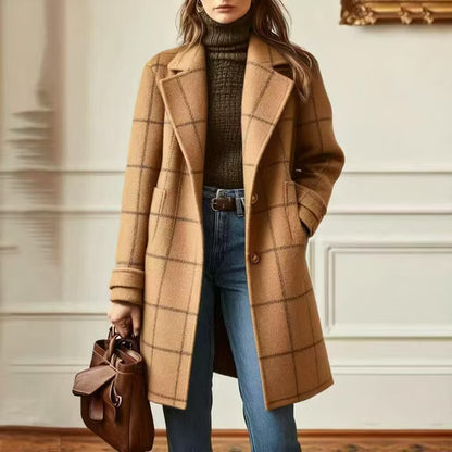 Women's Plaid Wool Blend Trench Coat – Windproof Notch Lapel Mid-Length Overcoat