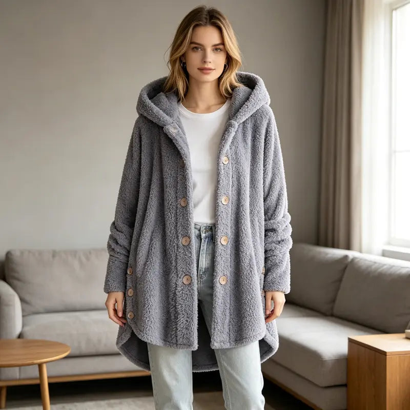 Women's Plush Round Neck Winter Coat – Thick Warm Button-Front Jacket with Asymmetric Hem