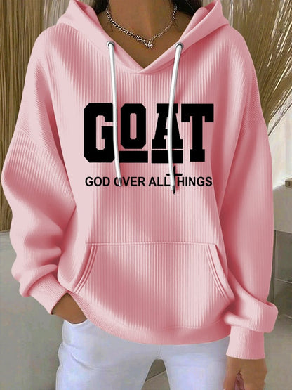 Women's Vintage Faith Goat God Over All Things Printed Casual Ribbed Hoodie